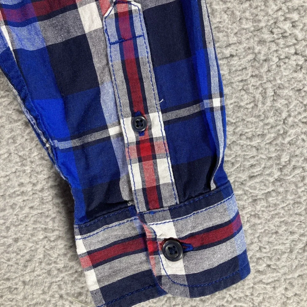 The Childrens Place Plaid Button Down Boys 16 XXL Blue Red White Cotton Shirt